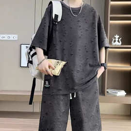 青春时尚男夏季短袖T恤篮球衣休闲短裤两件套韩版潮流运动服套装