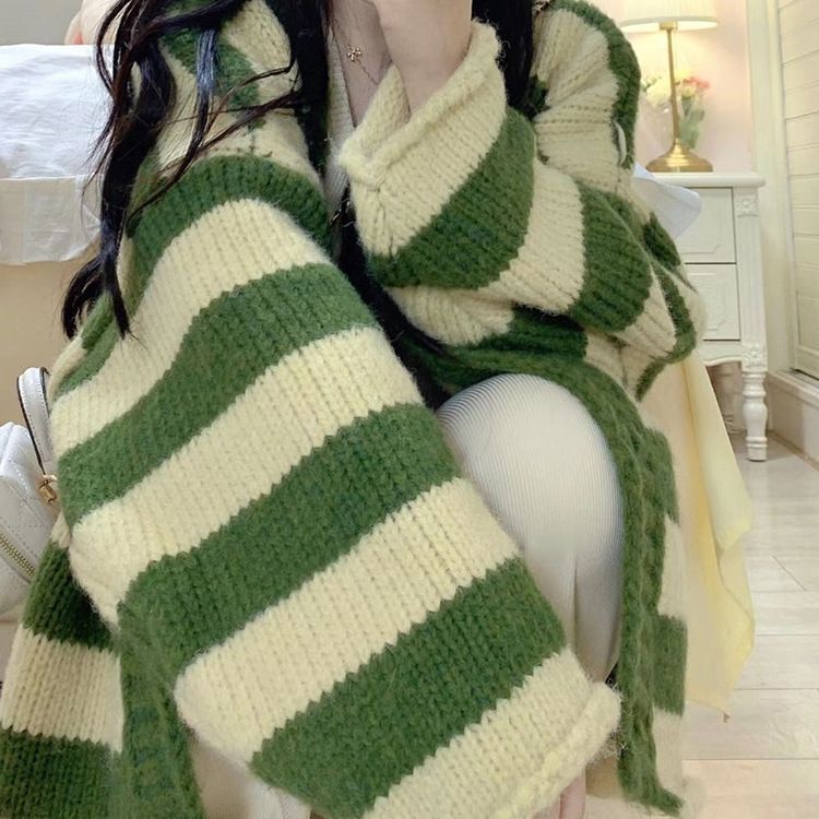 Spring and Autumn preppy style sweet striped V-neck cardigan knitted sweater female students Korean style loose slimming top coat