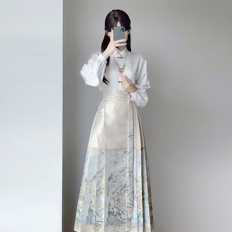 新中式织金马面裙套装女春季款日常国风明制汉服2025新款白色|undefined
