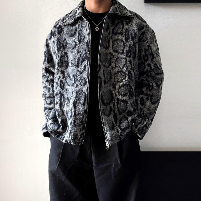 European and American Cross-Border Spring New Hip-Hop Trendy Fashion Casual Leopard Print Woolen Loose Cardigan Long-Sleeve Jacket Sweatshirt