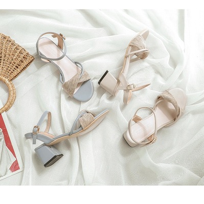 夏季大碼舒適個性壹字粗跟氣質女高雅涼鞋