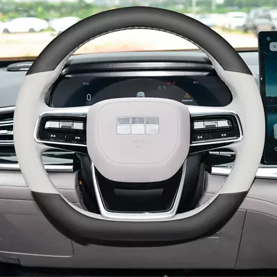 Steering Wheel Cover, Genuine Leather, Ultra-Thin, Steering wheel cover - first-layer-cowhide-black-yunjin-white-d-shaped-plate-genuine-leather-model-geely-galaxy-star-7