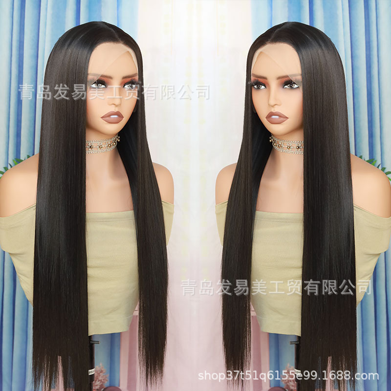 Black long straight lace front wig for women, pure black synthetic high-temperature fiber, free parting line, pre-plucked hairline, full head cover Black long straight lace front wig for women, pure black synthetic high-temperature fiber, free parting line, pre-plucked hairline, full head cover