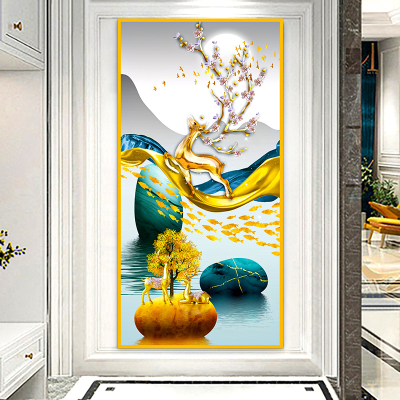 Pintura de entrada de pintura tradicional china Pintura de decoración del pasillo frente a la puerta Pasillo de nueve peces Pintura colgante de fondo de lujo ligero Pintura mural