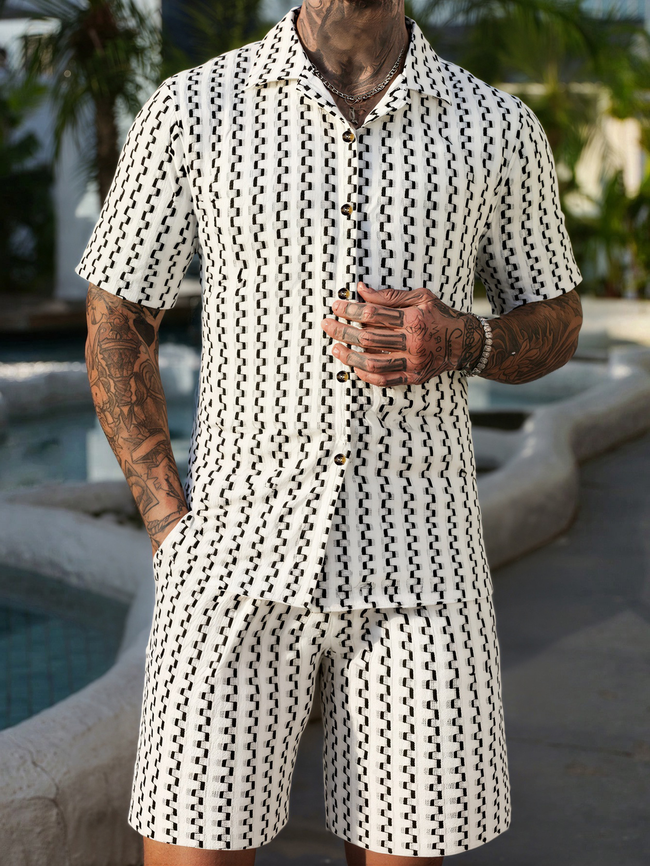 Ensemble deux pièces pour homme chemise rayée et short décontracté_voghion.com