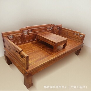 Old Elm New Chinese-style Luohan Bed Solid Wood Simple Zen Style Household Small Apartment Carved Luohan Bed Mortise and Tenon Joint Furniture