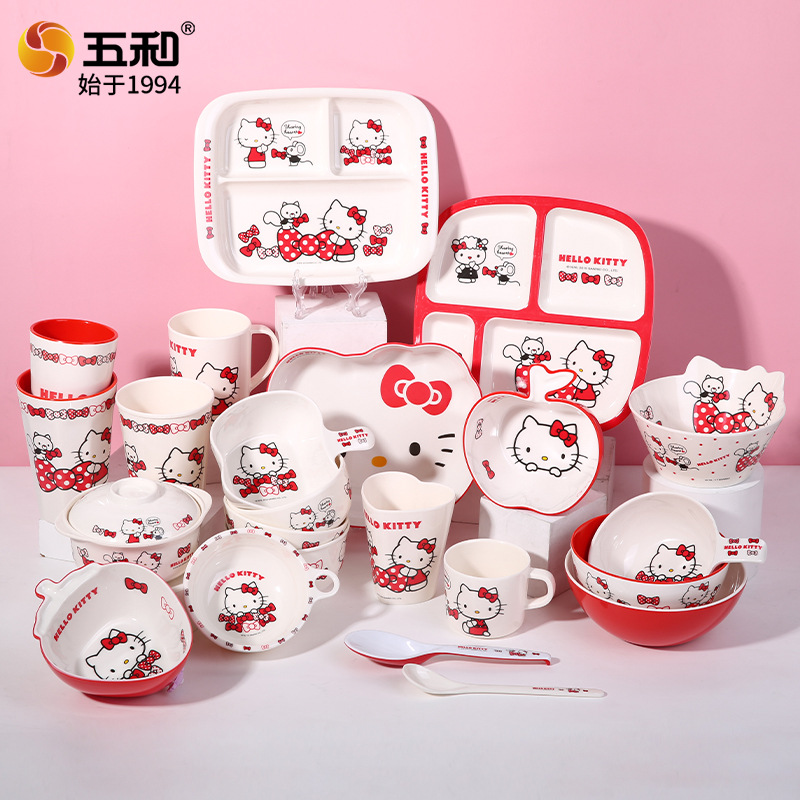 Wuhe rojo Kitty melamina cubiertos Sanrio auténtico anti-caída anti-escaldado creativo de dibujos animados para niños plato tazas de agua