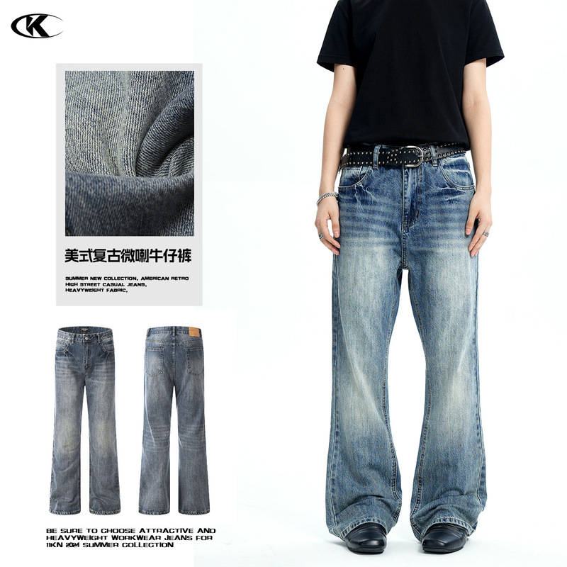11Kn American Blue Bootcut Jeans for Men and Women, Washed, Slim, Simple, Trendy Scimitar, Loose Casual Pants