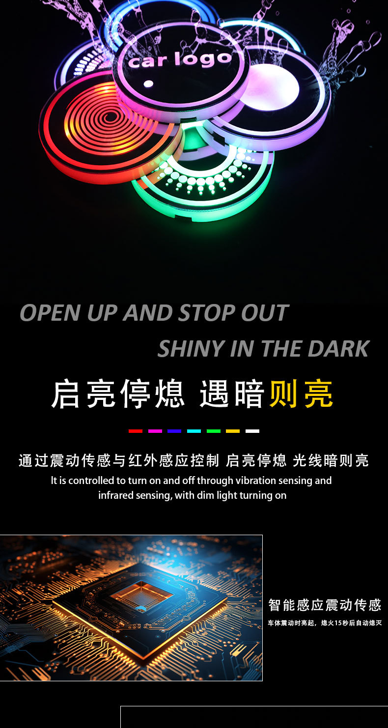 Car Led Luminous Water Coaster, Colorful Water Coaster, Car Atmosphere Light, Solar USB Charging, Anti-Slip Coaster
