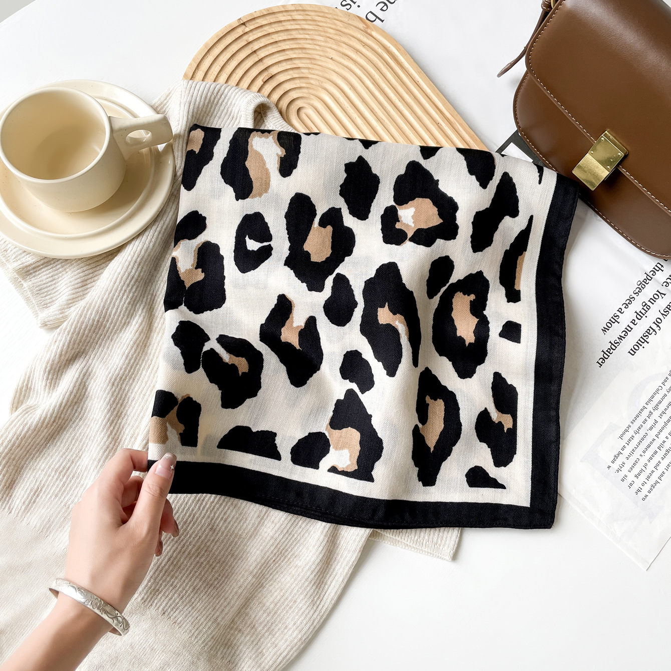 Leopard Print Herringbone Cotton Mini Square Scarf For Women_voghion.com