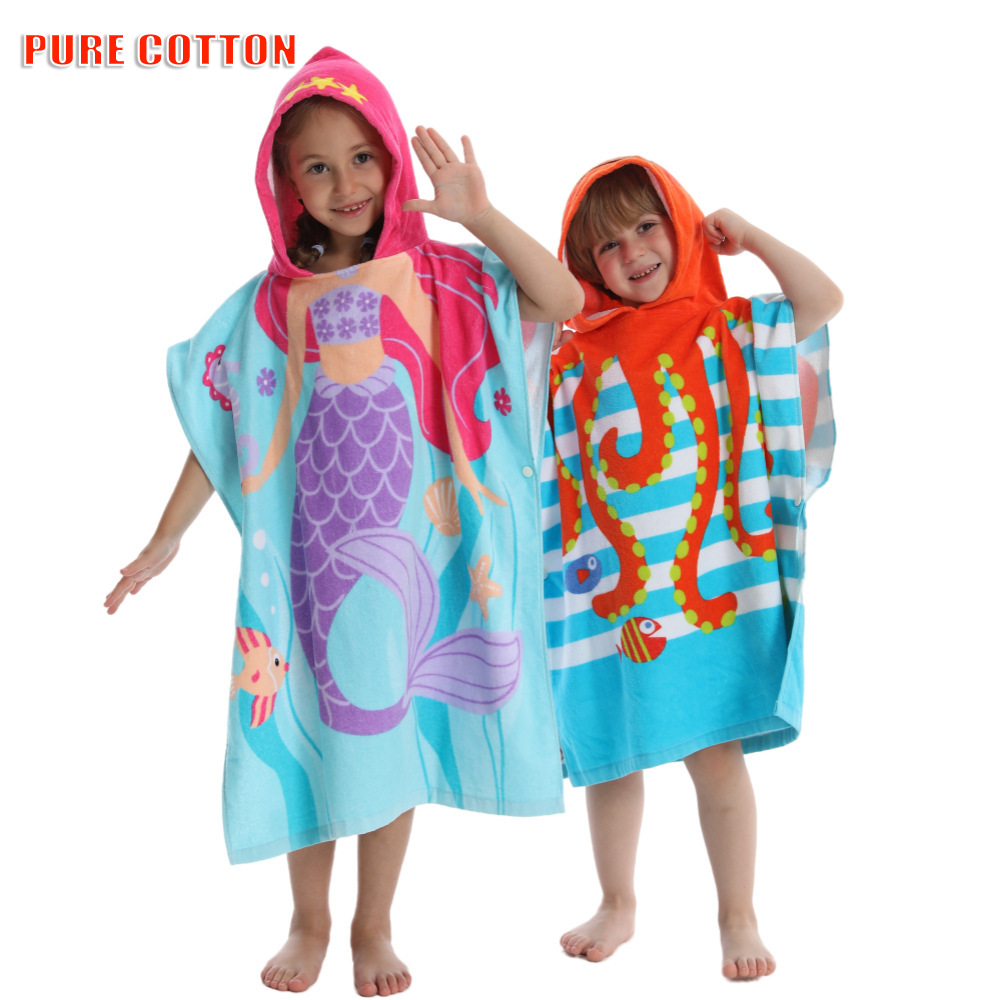 Children's Bathrobe in Stock Amazon Wearable Beach Swimming Pure Cotton Hooded Bath Towel Cloak 80cm Long Hooded Style