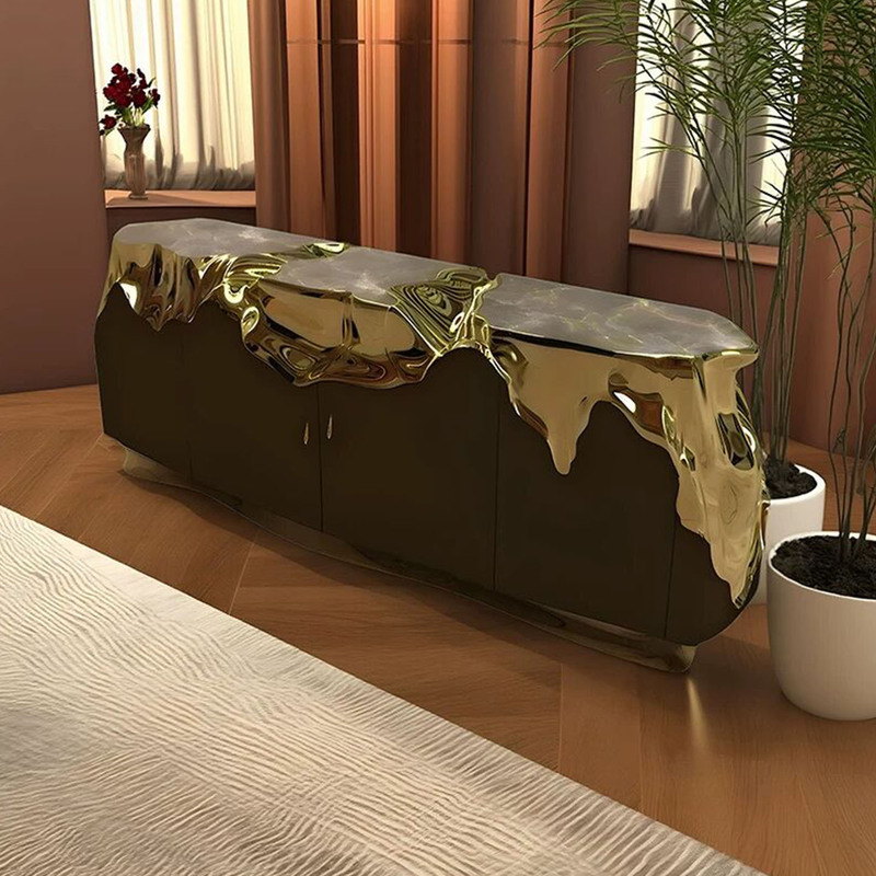 Italian Light Luxury Brass Sideboard Home Designer Solid Wood Storage Cabinet Villa Living Room Fashion Storage Cabinet