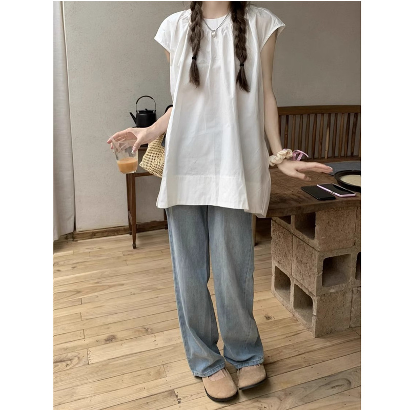 フレンチホワイト Tシャツレディース 2025 夏の新デザインニッチシャツ韓国シックなノースリーブルーズトップ|undefined