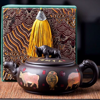 遇热变色紫砂壶功夫茶具家用泡茶壶茶杯复古五牛图茶器大容量单壶