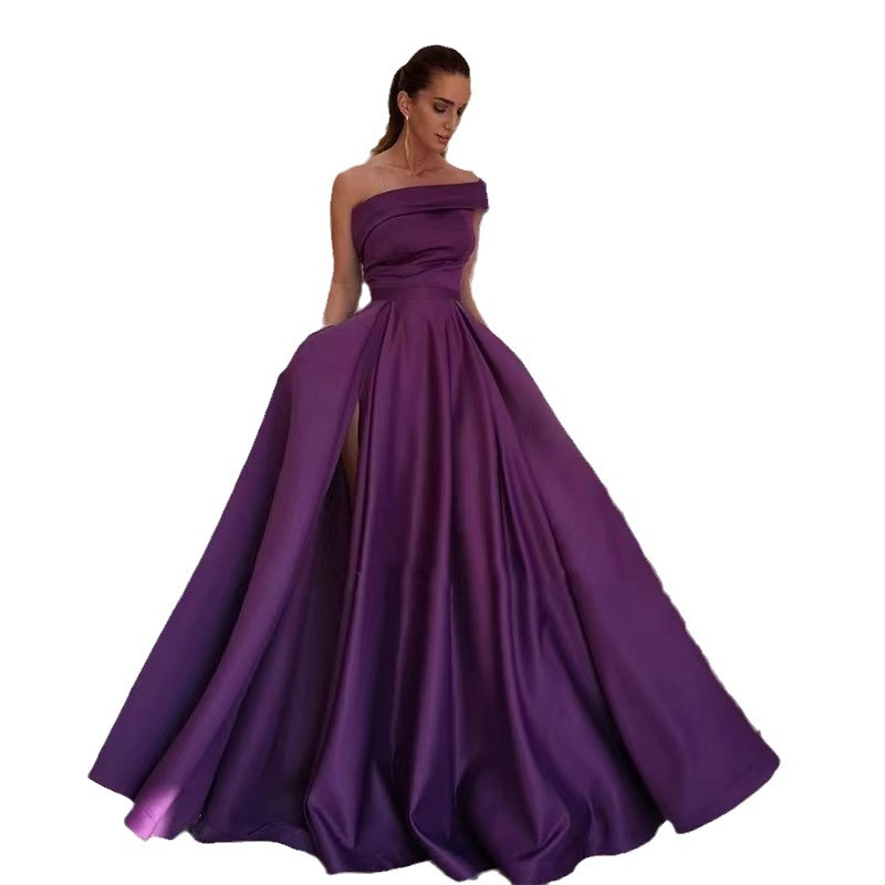 Comercio exterior un hombro satén vestido Amazon noche vestido cumpleaños banquete pettiskirt verde alta hendidura sexy mono