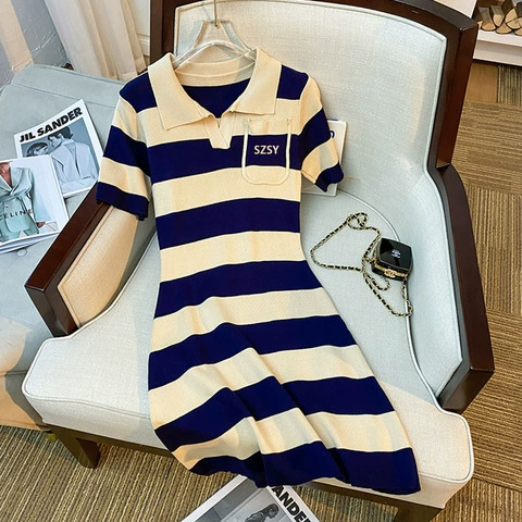 Трикотажное платье оптом лето 2023 новое популярное рубашка-поло в Корейском стиле с короткими рукавами средней длины-это мода