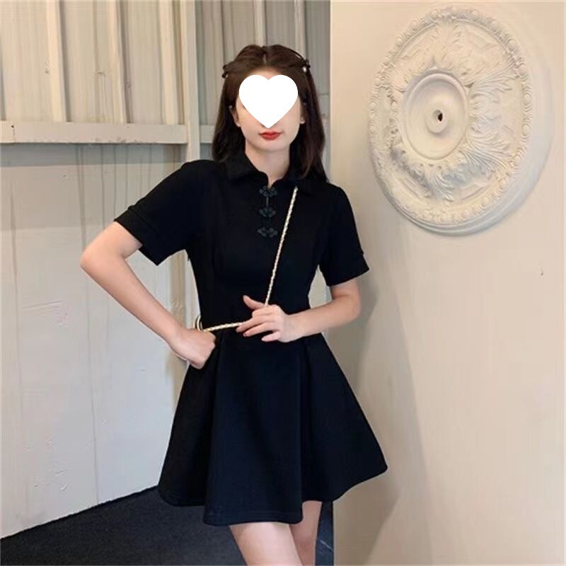 新しい中国風のボタン改良されたチャイナドレス女性の夏プラスサイズファットmmウエスト痩身半袖ポロカラーリトルブラックドレス|undefined