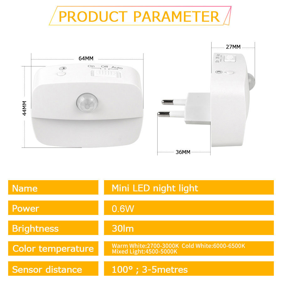 Luz nocturna enchufable de sensor de cuerpo humano inteligente Luz de pasillo de habitación de sensor de infrarrojos LED Luz nocturna PIR de EE. UU.