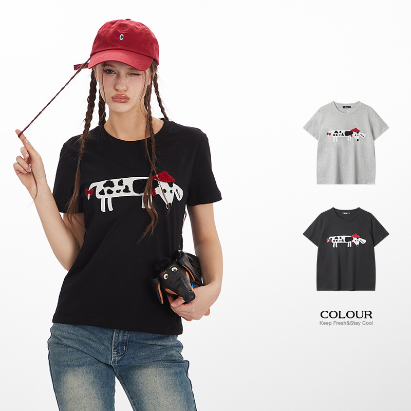 HeyHenry 2025 European and American towel letter embroidery cotton casual T-shirt women's short sleeve versatile round neck top