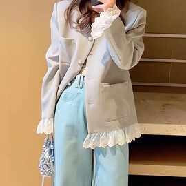 设计感小众蕾丝拼接西装外套女春季新款法式气质宽松显瘦上衣
