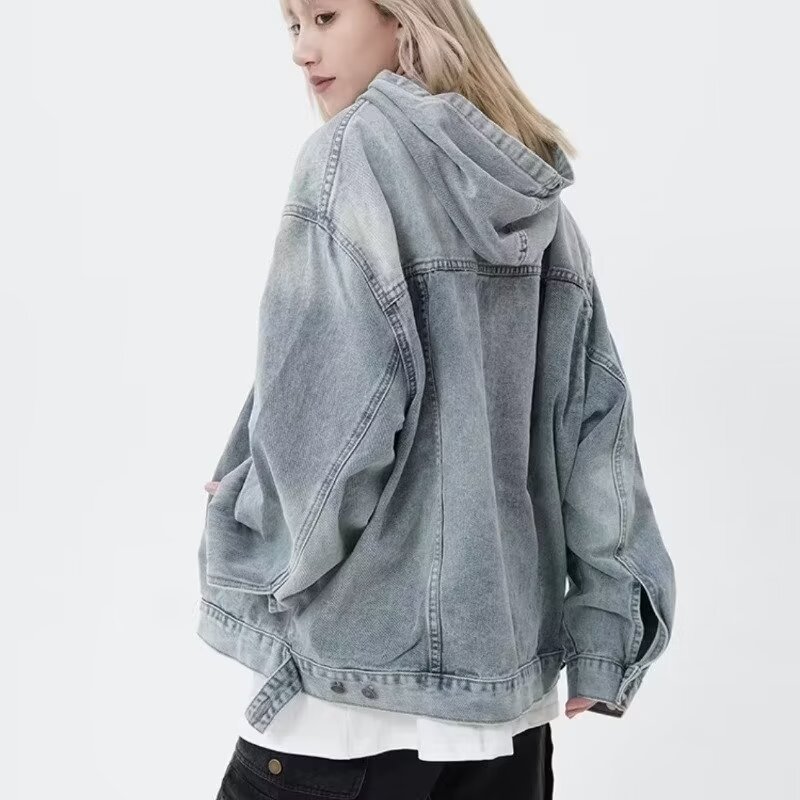 Moletom jeans com capuz lavado desgastado para mulheres, primavera e outono de 2024, estilo retrô americano de rua, jaqueta solta para casal.
