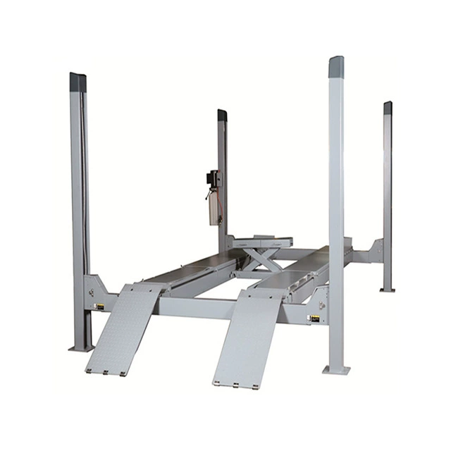 Четырехколонный автомобильный плоский гидравлический нагрузочный подъемник для обслуживания и обслуживания полностью автоматический вертикальный подъемный четырехколесный позиционирующий подъемник