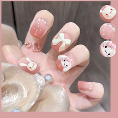 X186 Fake Nail Pieces Removable Nail Art Patch Finished Nail Art Pieces Wearable Pink Cinnamon Dog Bow Nails