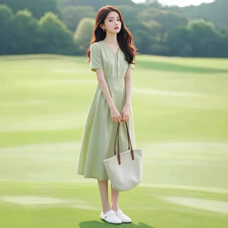 法式端庄大气小个子显高时尚海边度假绿色连衣裙子女夏季2025新款