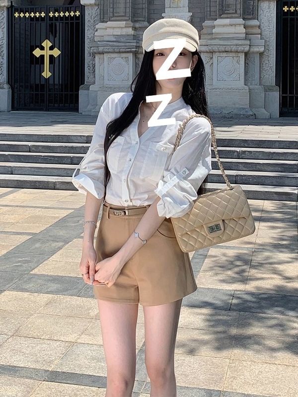 白色口袋衬衫套装女高腰显瘦短裤两件套装2025气质淑女|undefined