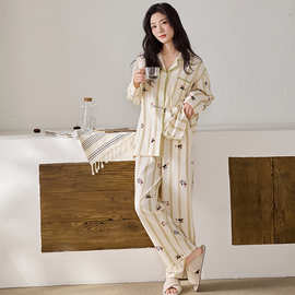 春秋新款纯棉女长袖长裤开衫翻领睡衣卡通可爱休闲女家居服图片色