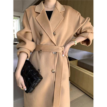 M家101801同款双排扣腰带双面呢羊绒羊毛中长款大衣毛呢外套女装
