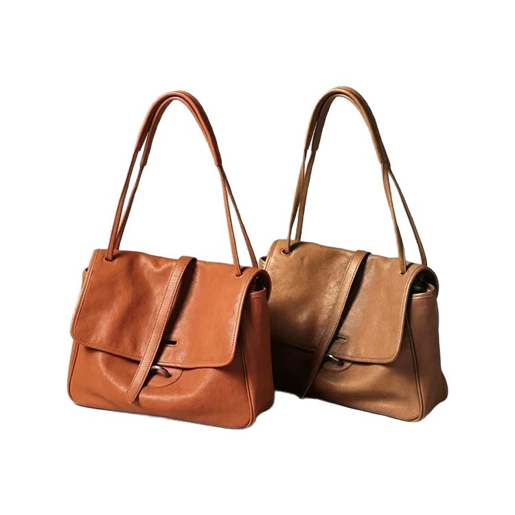 Vegetable-Tanned Cowhide 001 Messenger Bag Retro Crossbody Tote Simple Commuter Large Capacity Women's Shoulder Bag - Thumbnail 5