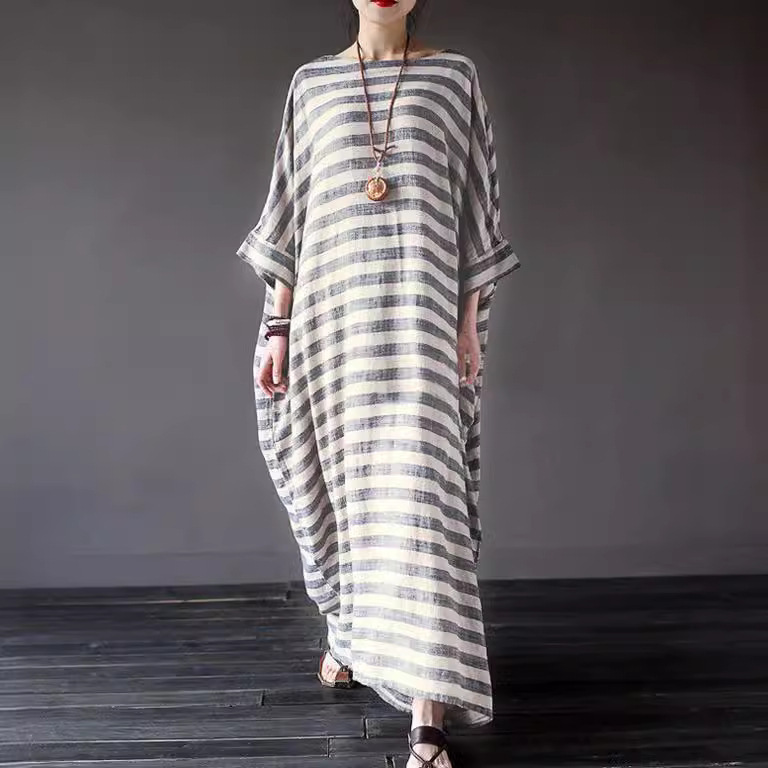 2022 Autumn Women's Vintage Distressed Cotton and Linen Striped Robe Artistic Loose Plus Size Long Dress with Long Sleeves
