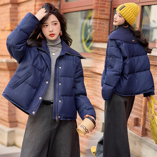 韩系鸭绒服袄2025冬装新款休闲韩版毛线领拼接羽绒服外套