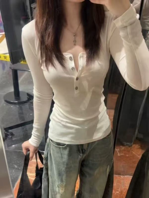 美式白色亨利U领正肩长袖t恤女秋季2025新款修身显瘦收腰辣妹上衣|undefined