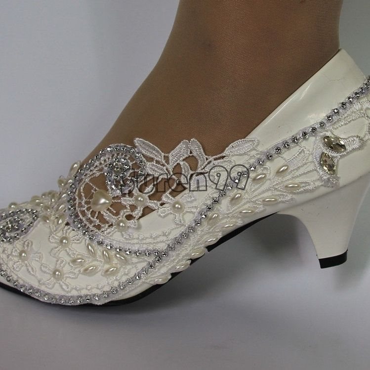 5cm白色蕾丝水钻新娘伴娘鞋高跟鞋防水台宴会拍婚纱照婚鞋女单鞋