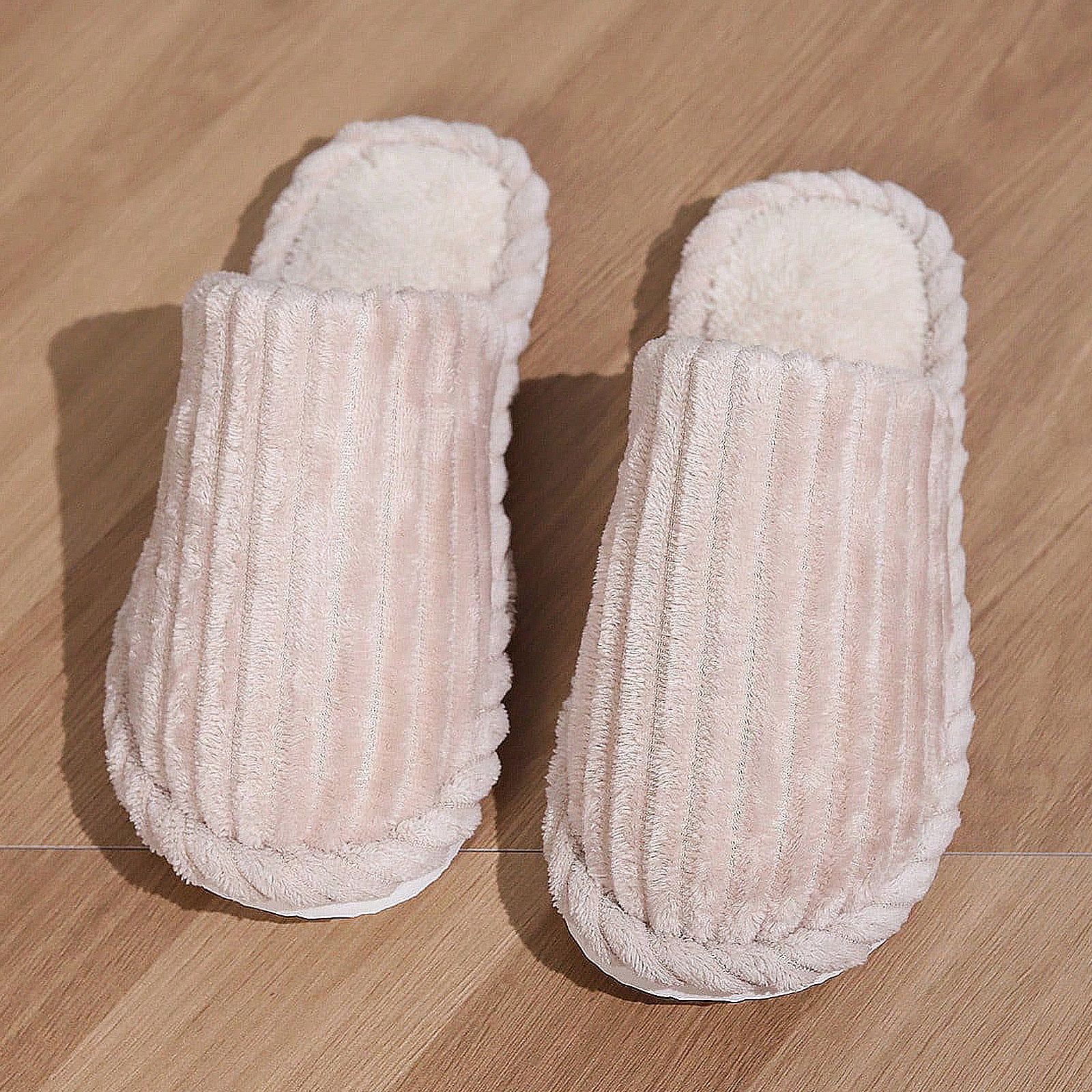 Muebles zapatos de algodón estriados zapatillas de cabello de invierno mujeres vestidas externas antideslizantes interior zapatillas de algodón peludo de fondo grueso image 4