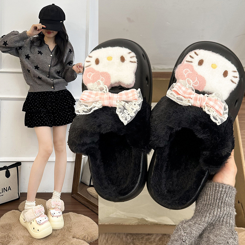 2025 New Autumn and Winter Cute Kitten Hole Shoes for Women, Comfortable and Non-Slip, Home Indoor and Outdoor Wear Fleece-Lined Toe-Toe Slippers