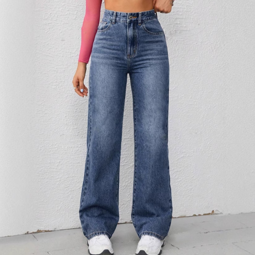 유럽과 미국의 국경 간 2025년 현물 대외 무역 공급 여성용 워싱 와이드 레그 루즈 데님 바지