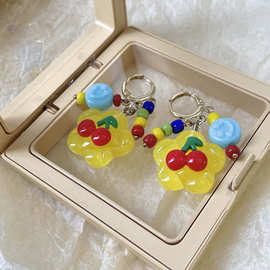 新款超甜！樱桃花朵笑脸彩色原创小众串珠手作耳圈耳环批发