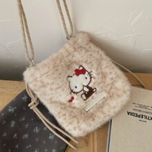 HelloKitty奶咖豹纹毛绒斜挎小包秋冬软萌抽绳束口可爱少女手机包