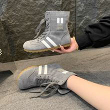 高帮平底拳击运动鞋女2025新款圆头百搭休闲鞋内增高马丁靴短筒靴