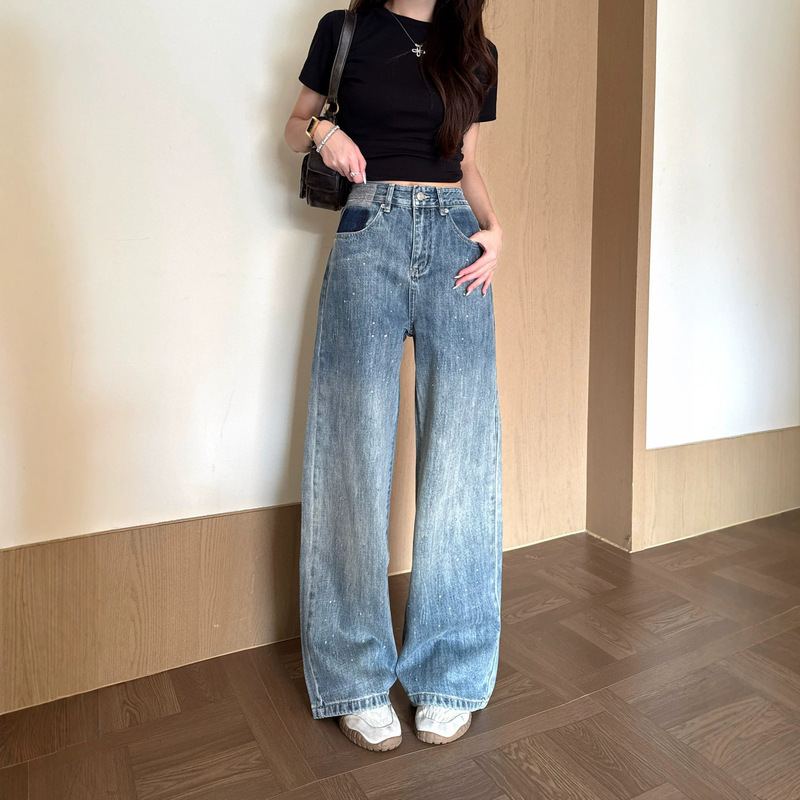 Nanyou High-End Ann26 New Heavy-Duty Washed Vintage Jeans with Starry Gradient Rhinestone Waistband Wide-Leg Pants Nanyou High-End Ann26 New Heavy-Duty Washed Vintage Jeans with Starry Gradient Rhinestone Waistband Wide-Leg Pants