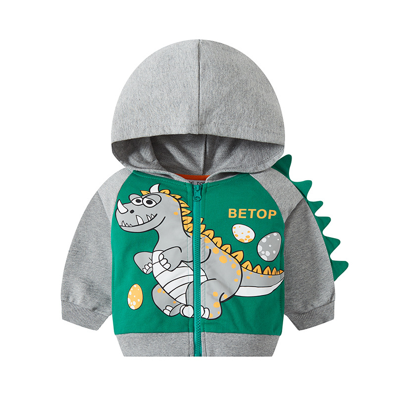 Estilo coreano niños dinosaurio impreso con capucha cremallera camisa suéter de los niños abrigo de primavera de los niños nueva entrega de una sola pieza