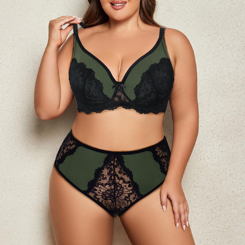 Cross-border European and American plus size ladies bra underwear suit steel ring underwear full cup translucent lace underwear wholesale