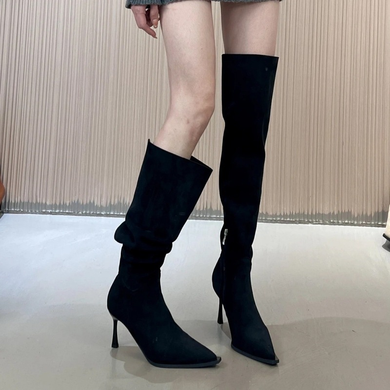 一靴多穿~法式尖头高跟过膝靴子设计感翻领堆堆靴女大筒围长筒靴|undefined