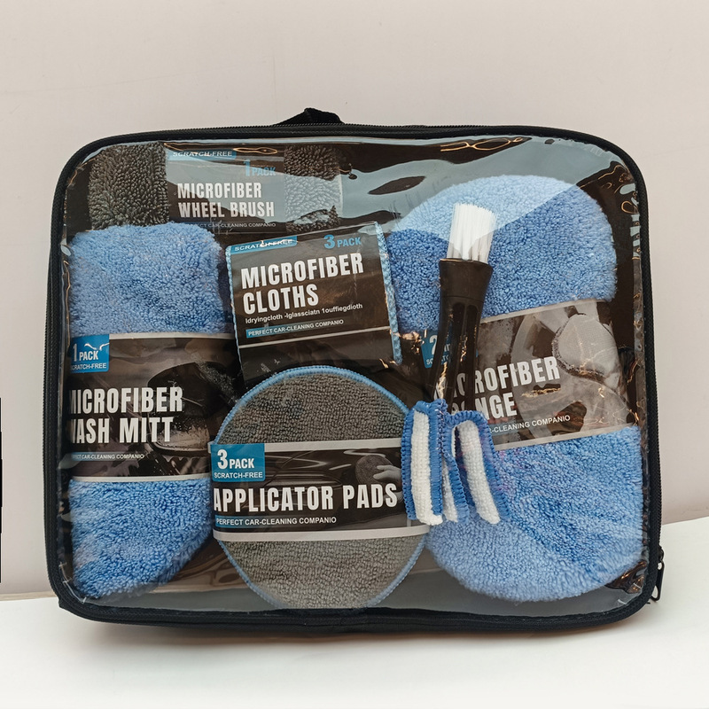 Car Detailing Cleaning Set: Car Wash Towel, Gloves, Cloth, Sponge, Waxing Pad, Wheel Brush, 9-Piece Tool Set