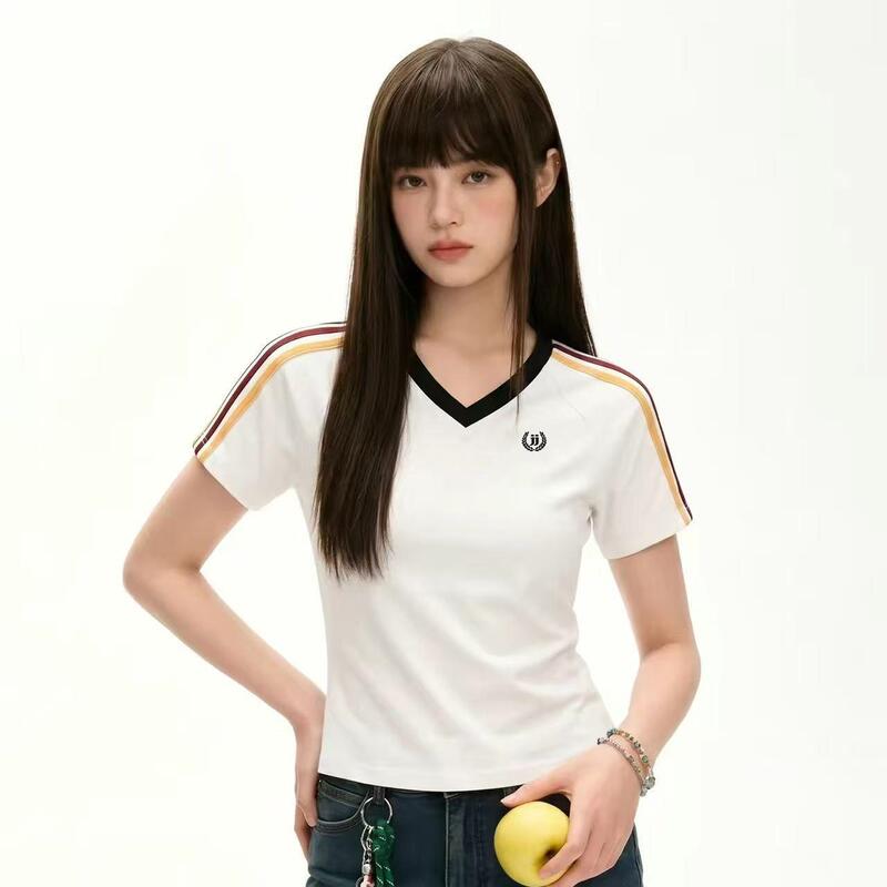 American Retro Style Spicy Girl Striped Color-Block V-Neck Short-Sleeve T-Shirt for Women, New Summer Design, Slim Fit, Flattering Short Top