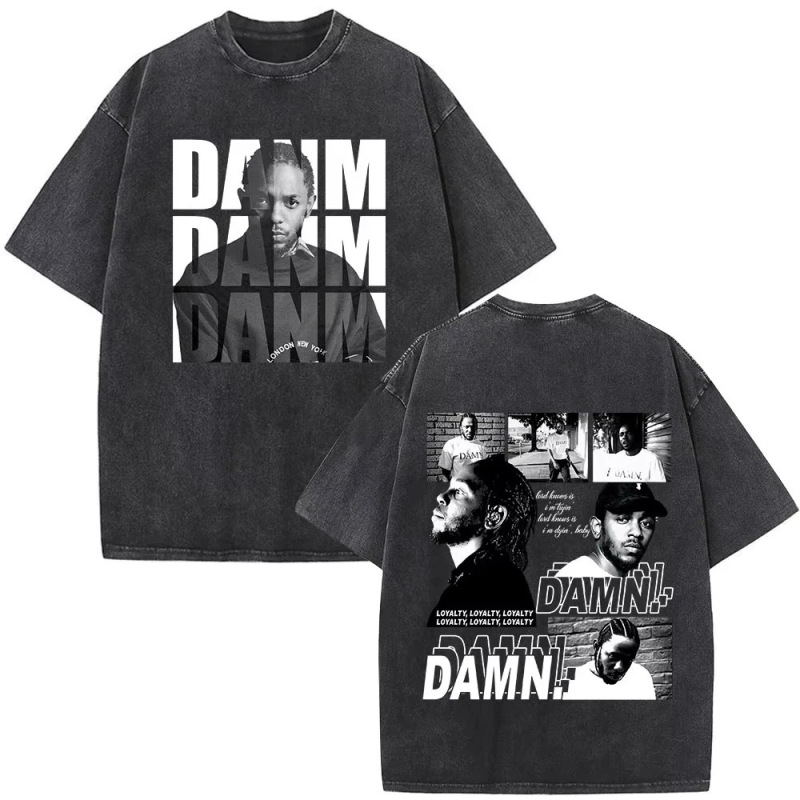 Kendrick Lamar Graphic Rap 240g Vintage Washed Distressed Direct-Print Snowflake American-Style T-Shirt for Men