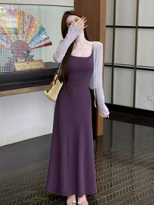 2025魅力气质紫色方领收腰显瘦吊带连衣裙冰丝针织开衫两件套女夏|undefined
